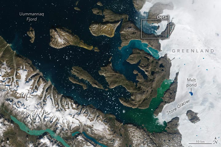 Sistema do fiorde Uummannaq no oeste da Groenlândia anotado