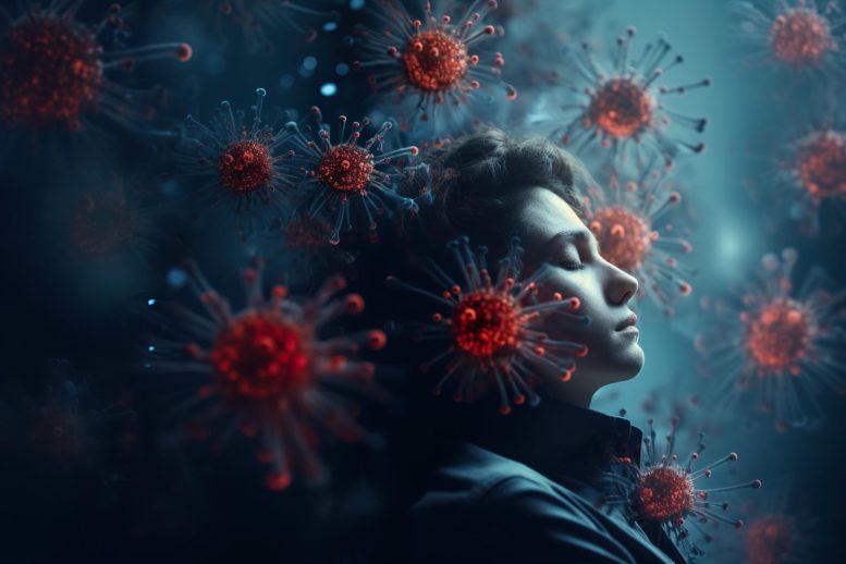 Virus Particles Tired Woman Long COVID