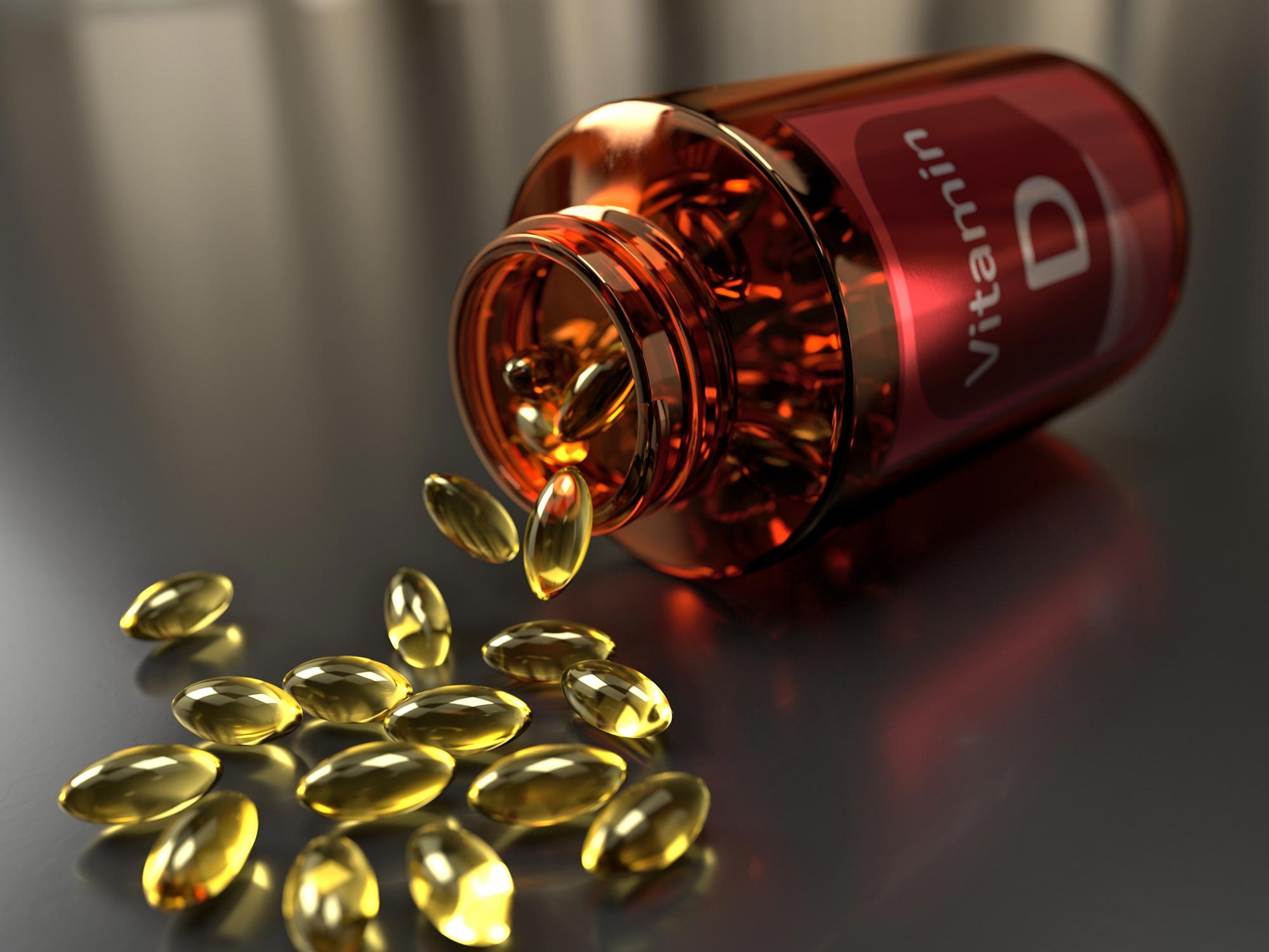Illustration of a bottle with a vitamin D supplement capsule