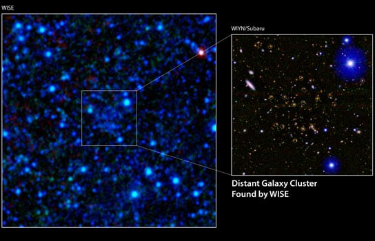 WISE finds a galaxy cluster 7.7 billion light-years away