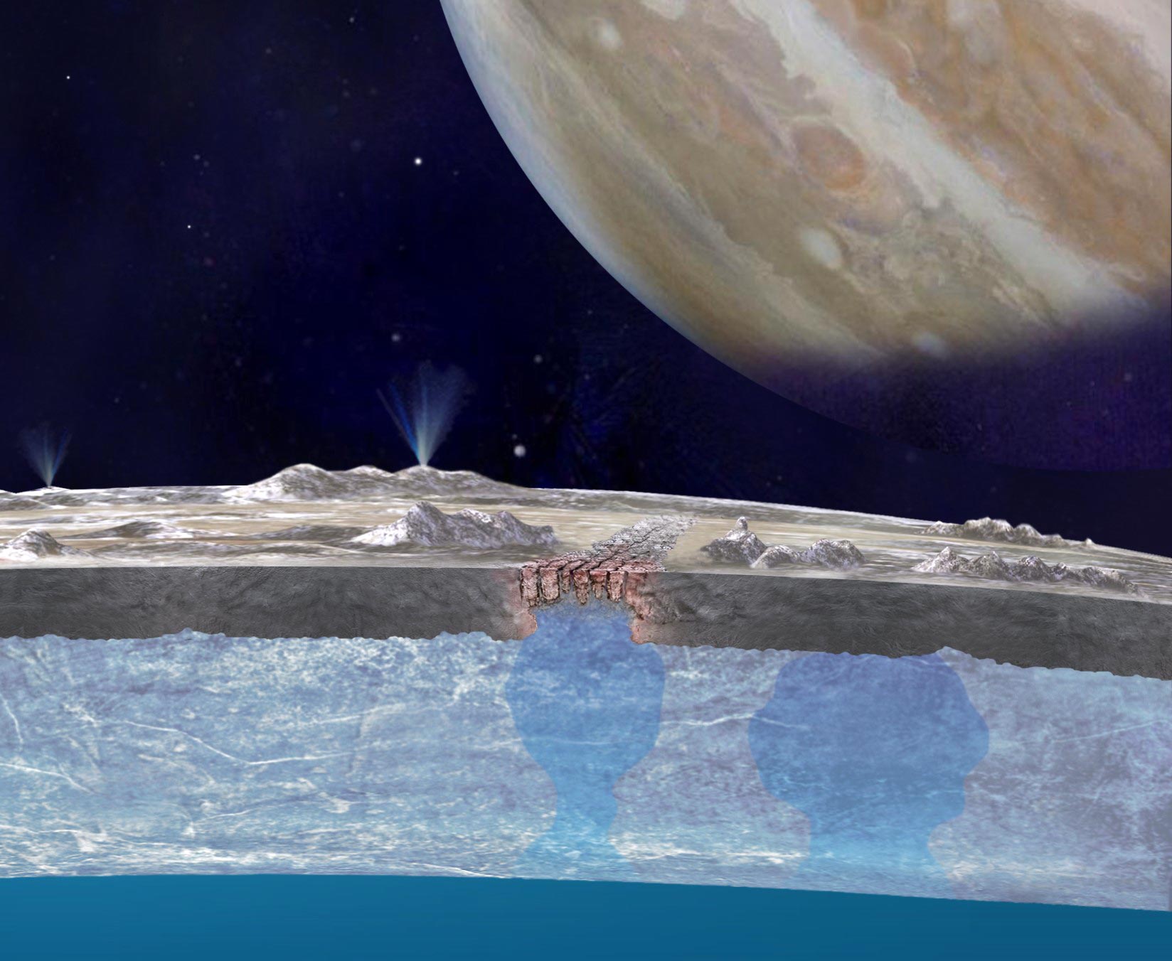 „Terén chaosu“ by mohl transportovat kyslík do oceánu na Jupiterově měsíci Europa