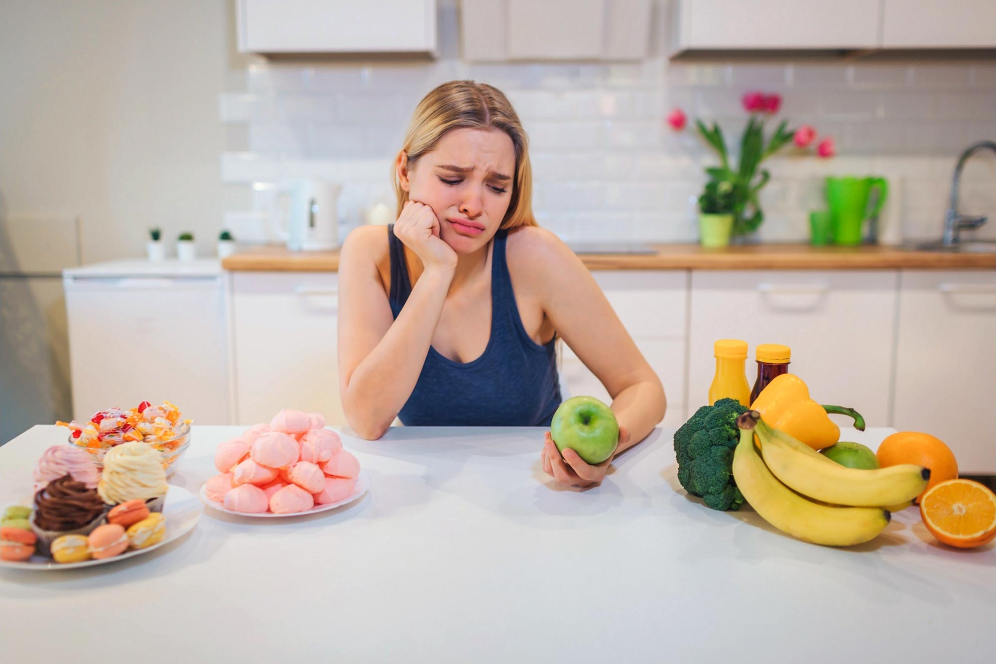Woman Diet Struggle Healthy Unhealthy Food