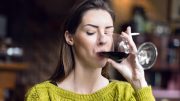 Woman Smoking Cigarette Drinking Wine