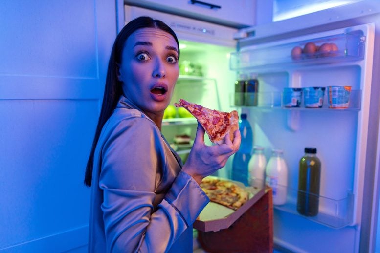Woman Surprised Refrigerator Midnight Snack Pizza