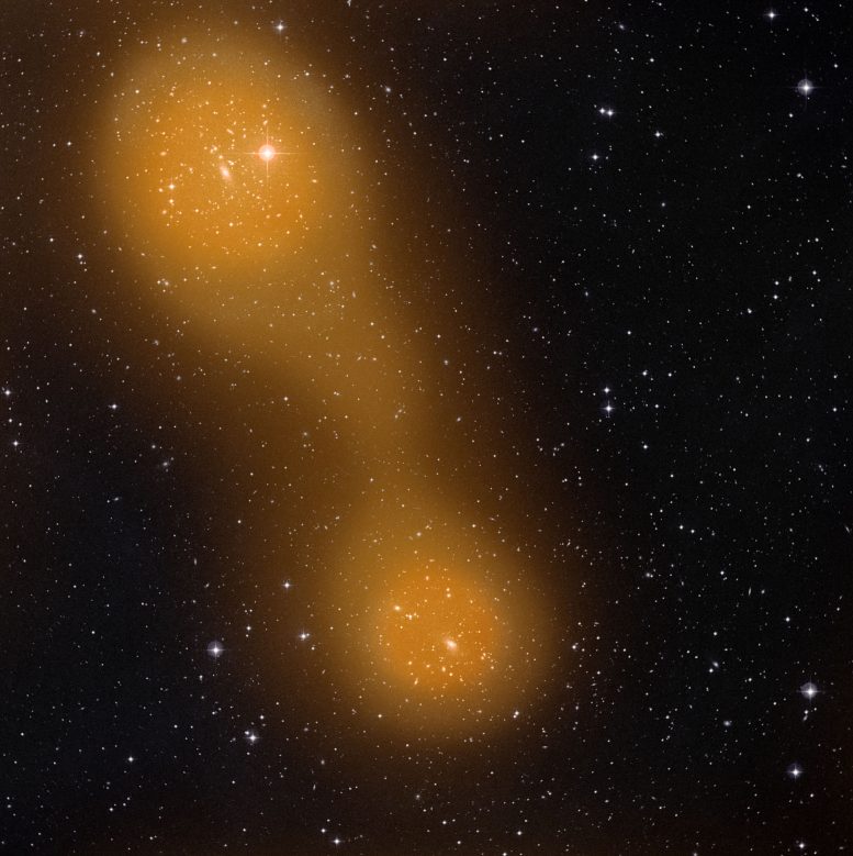 a bridge of hot gas that connects galaxy clusters Abell 399 (lower center) and Abell 401