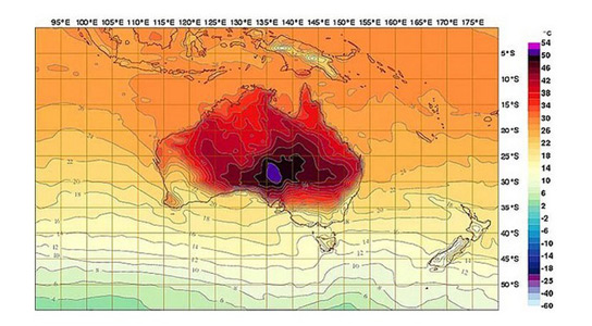 Australia needed new colors to show the forecast heatwave on their temperature map (they’ve since revised predictions down to 122ºF/50ºC). Credit: Australia’s Bureau of Meteorology