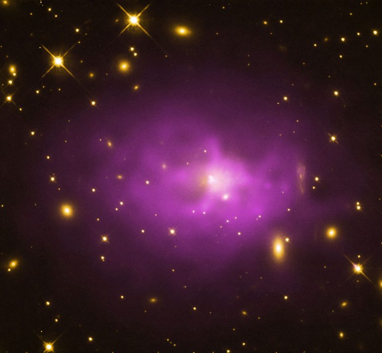 A galaxy cluster about 1.3 billion light years from Earth with a large elliptical galaxy in its center.