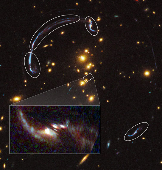 brightest galaxy, whose image has been distorted by the gravity of a distant galaxy cluster