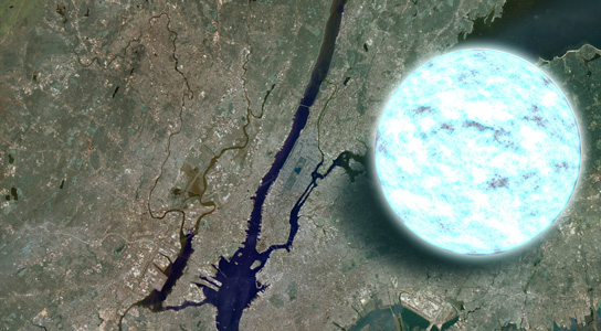 illustration compares the size of a neutron star to Manhattan