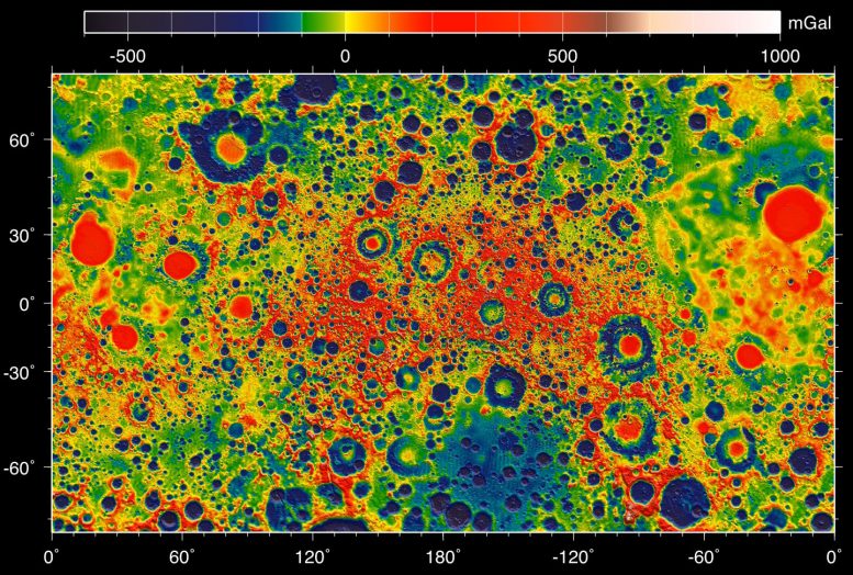 map shows the gravity field of the moon