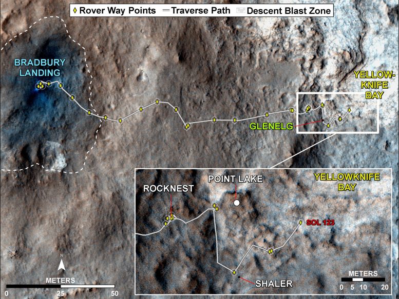 map traces where NASA's Mars rover Curiosity drove