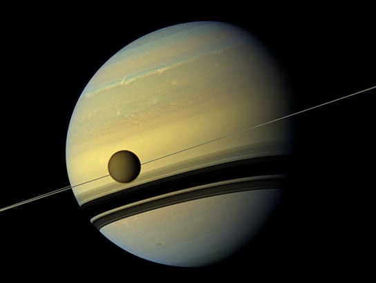 natural color view of Titan and Saturn
