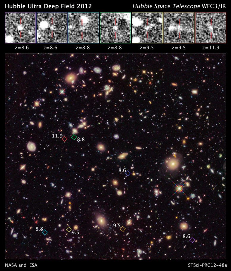 new image of the Hubble Ultra Deep Field 2012 campaign reveals a previously unseen population of seven faraway galaxies