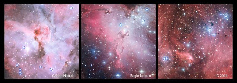 panoramic views show parts of the Carina Nebula, the Eagle Nebula and IC 2944