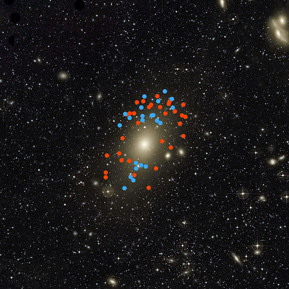 The red and blue dots mark the position of the planetary nebulae whose motion revealed that Messier 87 has recently been struck by another, smaller galaxy, which has now fully merged with it. Those marked in red are moving away from us, and the blue ones toward us with respect to the galaxy as a whole.