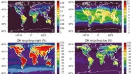 world map of the modelled hydroxyl recycling efficiency during daytime